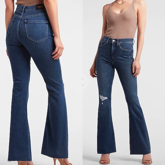 Express Denim - High Waisted Ripped Raw Hem Supersoft Flare Jeans